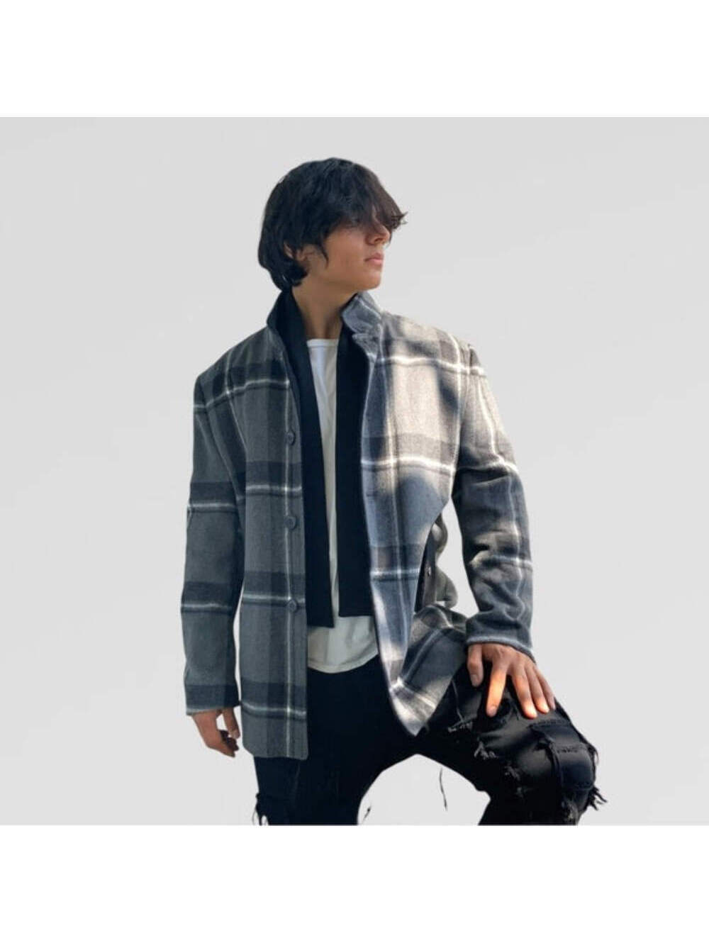 Men's Fashion Black | Grey Detachable Scarf Coat NWT